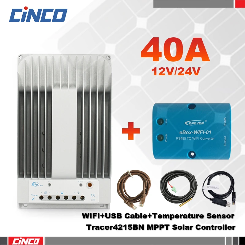 Контроллер солнечной батареи Tracer4215BN 40A 12 В/24 MPPT и eBox-Wi-Fi USB кабель связи датчик