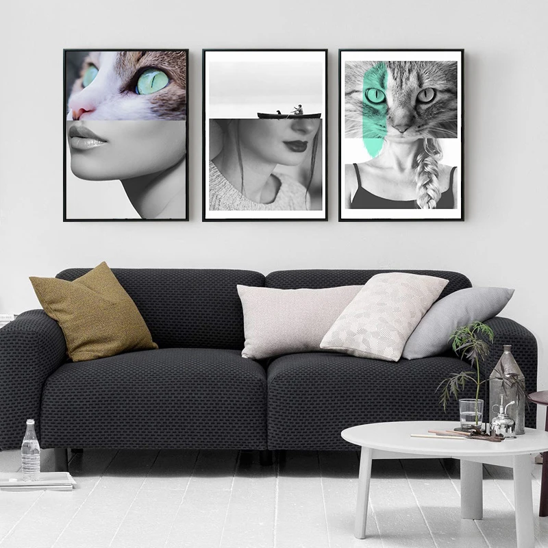 Nordic Sexy Fashion Woman with Cats Abstract Art Combine Canvas Painting Poster Print Picture Wall Living Room Bedroom Home Deco | Дом и сад