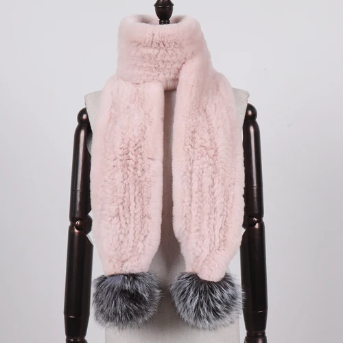 beige pink Зимний женский натуральный настоящий мех кролика шарф натуральный Лисий помпон Рекс кролик меховой шарф леди теплый вязаный воротники из натурального меха - Цвет: beige pink