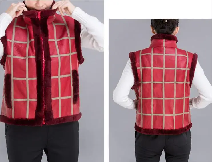 Модный кожаный жилет женский меховой в клетку теплая куртка из натуральной кожи