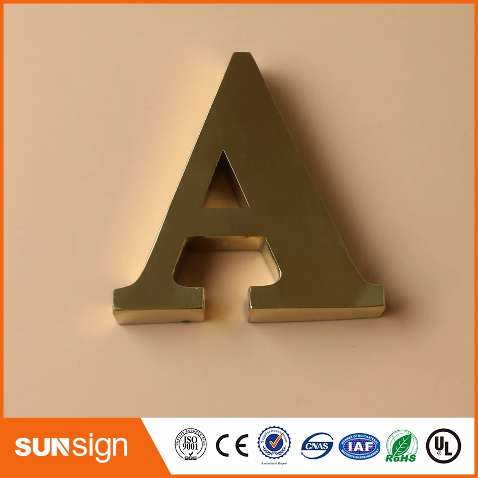 Customize outdoor mirror polished gold color stainless steel letters sign