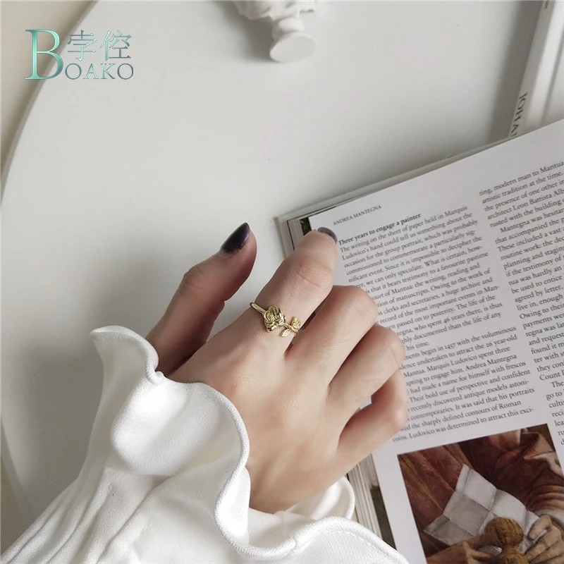 BOAKO 925 Sterling Silver Rose Flower Ring Fashion Charm Wild Index Finger Open Rings For Women Gold Color Festival Jewelry B40 | Украшения