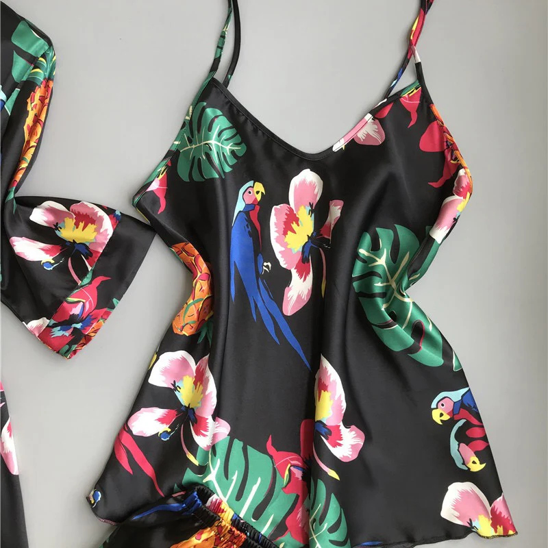 Женские атласные пижамные комплекты из трех предметов банный халат + топ штаны