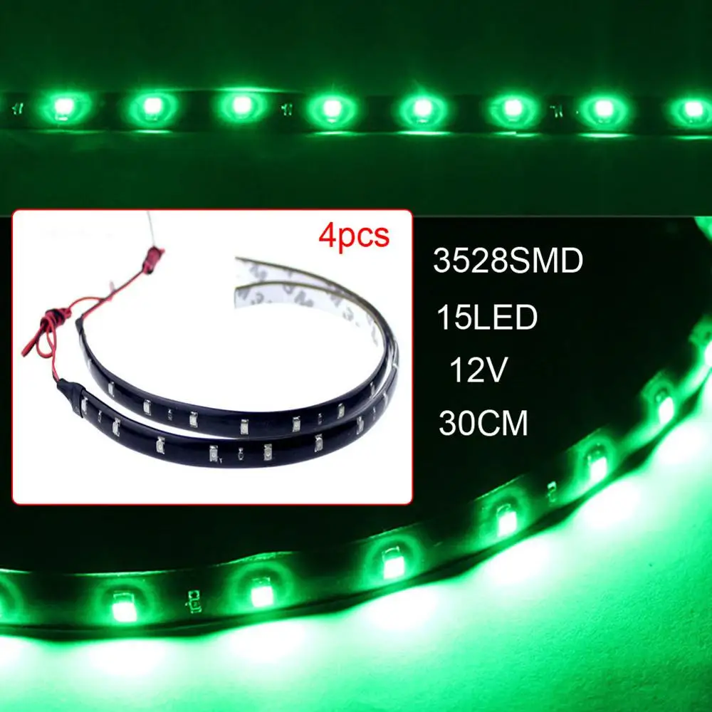 5 цветов Водонепроницаемый 4 шт 15LED 12V 30cm 3528 SMD авто Гибкая светодиодная подсветка Крытый Универсальный полоса для отделки интерьера свет - Испускаемый цвет: Green