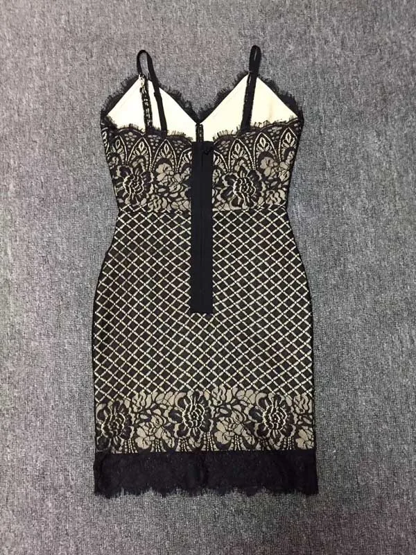 

Strap V-Neck Black Lace Bandage Dress Fashion Celebrity Night Club Party Autumn Winter Bodycon Mini Dresses Sexy