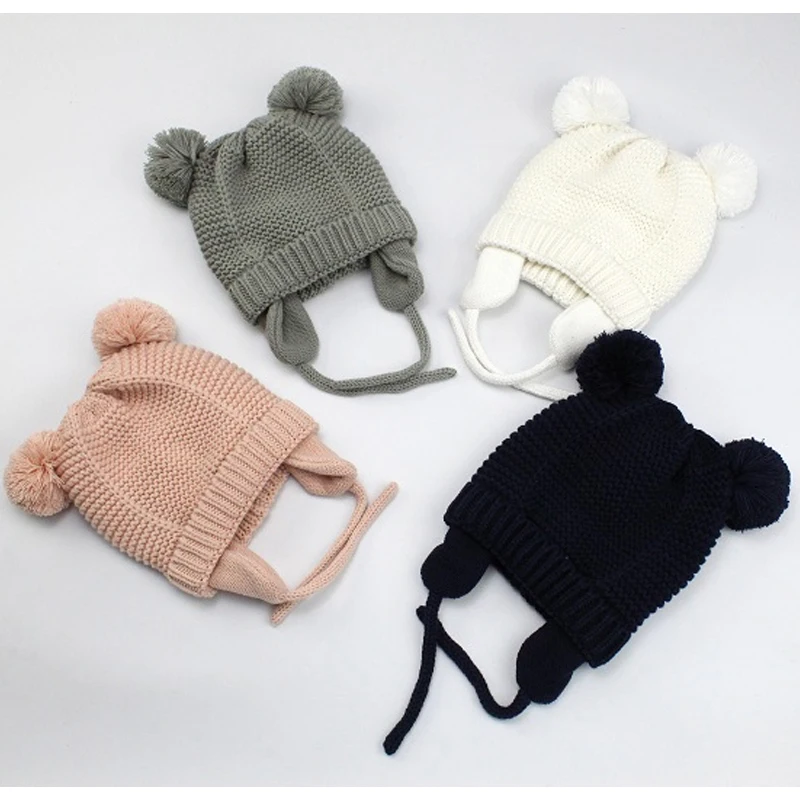 Autumn Winter Baby Hats Warm Soft Cap Thickened Earmuffs Knit Cute Ball Hat For Girls Boys Photography Props | Детская одежда и