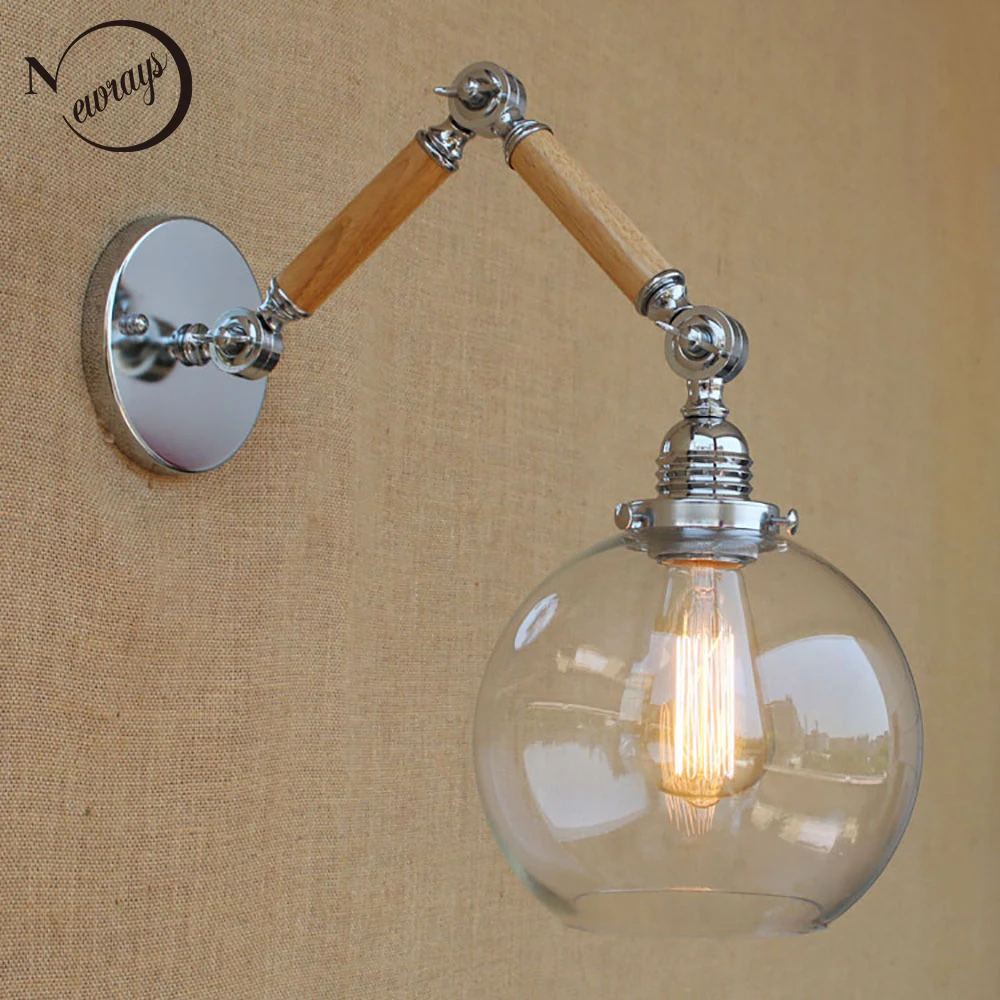 Beste Nordic Verstelbare Swing Arm Hout Glazen Bal Shade Wandlamp Lezen E27/E26 Led Vintage Licht Voor Restaurant Slaapkamer Cafe Bar
