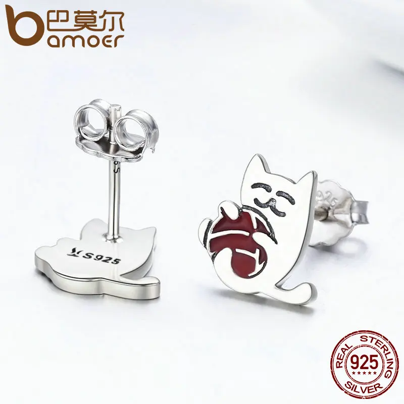 BAMOER,, 925 пробы, серебро, изысканный шарик из пряжи, кот, серьги-гвоздики для женщин, модные ювелирные изделия из стерлингового серебра SCE224