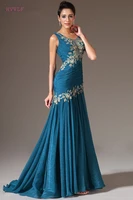 blue evening dresses mermaid chiffon appliques beaded see through plus size long evening gown prom dresses robe de soiree
