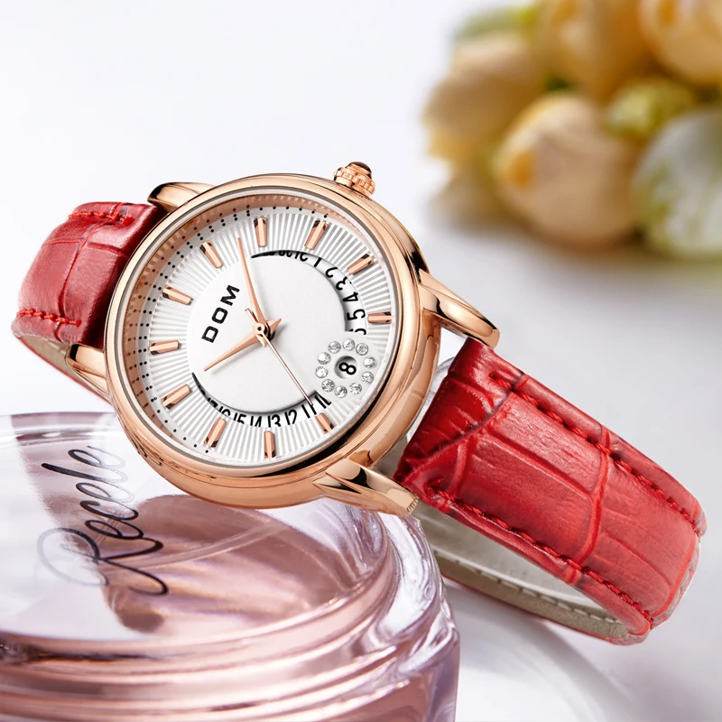 DOM Модные женские повседневные часы роскошные брендовые с кожаным ремешком