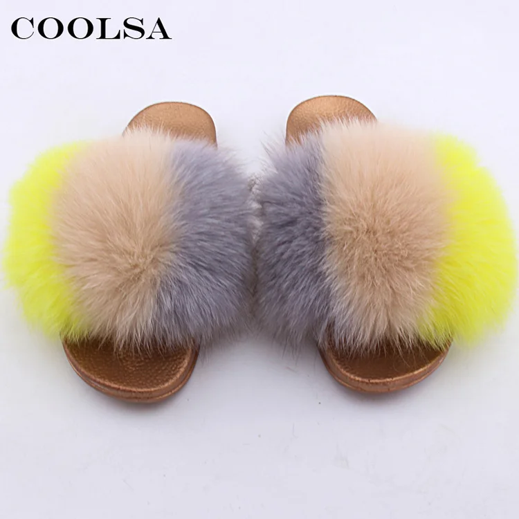 Golden-B Coolsa/летние женские шлепанцы из натурального Лисьего меха; пушистые разноцветные меховые шлепанцы; резиновая плоский без скольжения; домашние сандалии; женская плюшевая обувь - Цвет: Golden-B