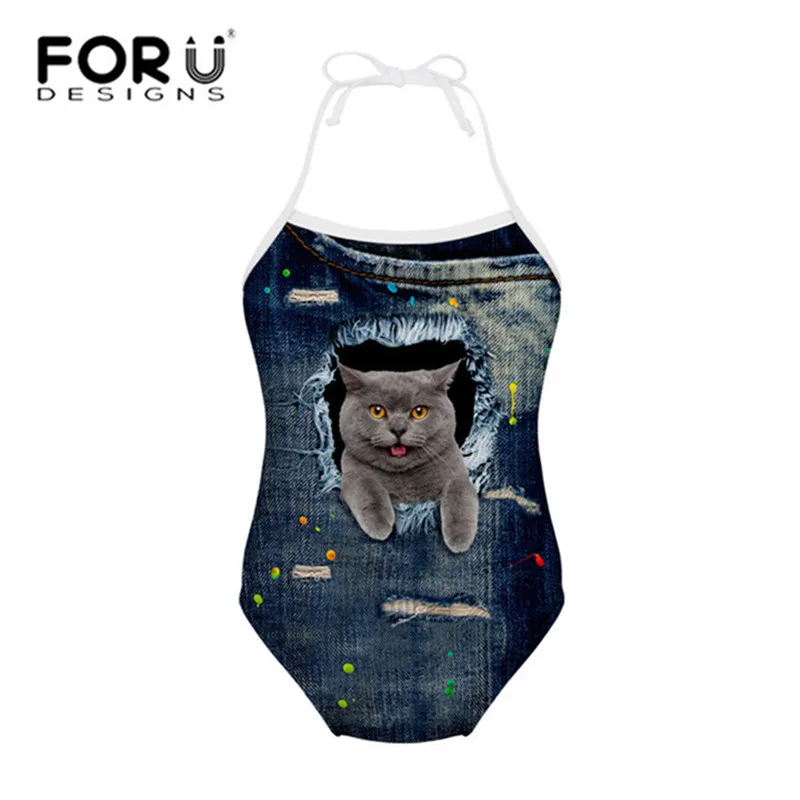 FORUDESIGNS купальник для детей Детские купальники для девочек с принтом кота, Одна деталь Детские купальники с бикини для летняя пляжная одежда - Цвет: CA4916BS