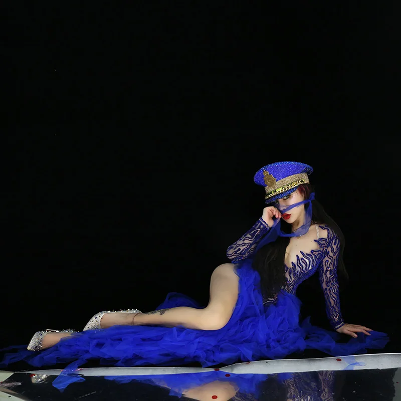 Летняя женская одежда для вечеринок Женский певец королевский синий сетчатый