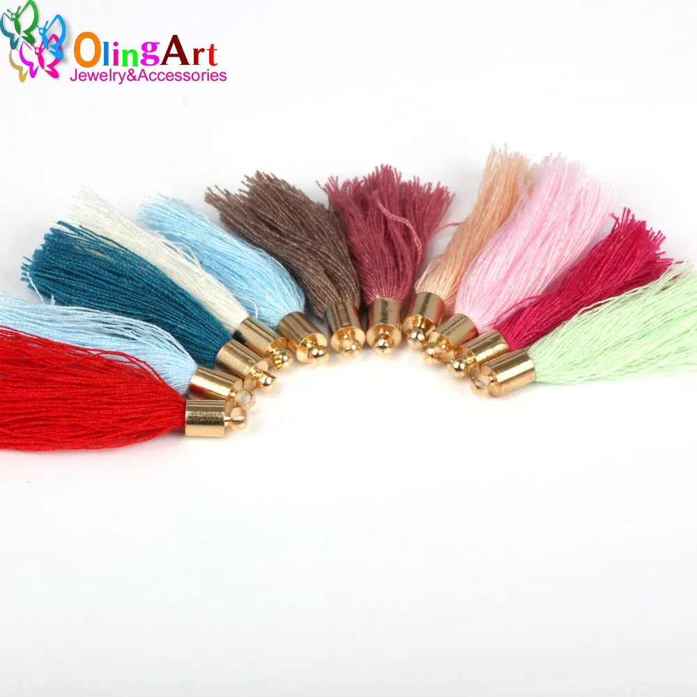 

OlingArt 40mm 20pcs Cotton Silk Satin Gold Caps Charm Tassel Necklace Earring DIY Jewelry Making Straps Keychain Pendants 2019
