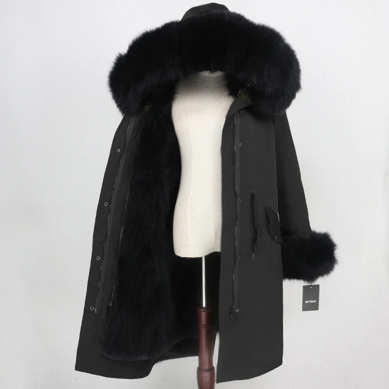 full black OFTBUY X-long Parka водонепроницаемое пальто натуральный мех зимняя куртка женская натуральный Лисий мех воротник капюшон манжеты подкладка из натурального кроличьего меха Повседневная - Цвет: full black