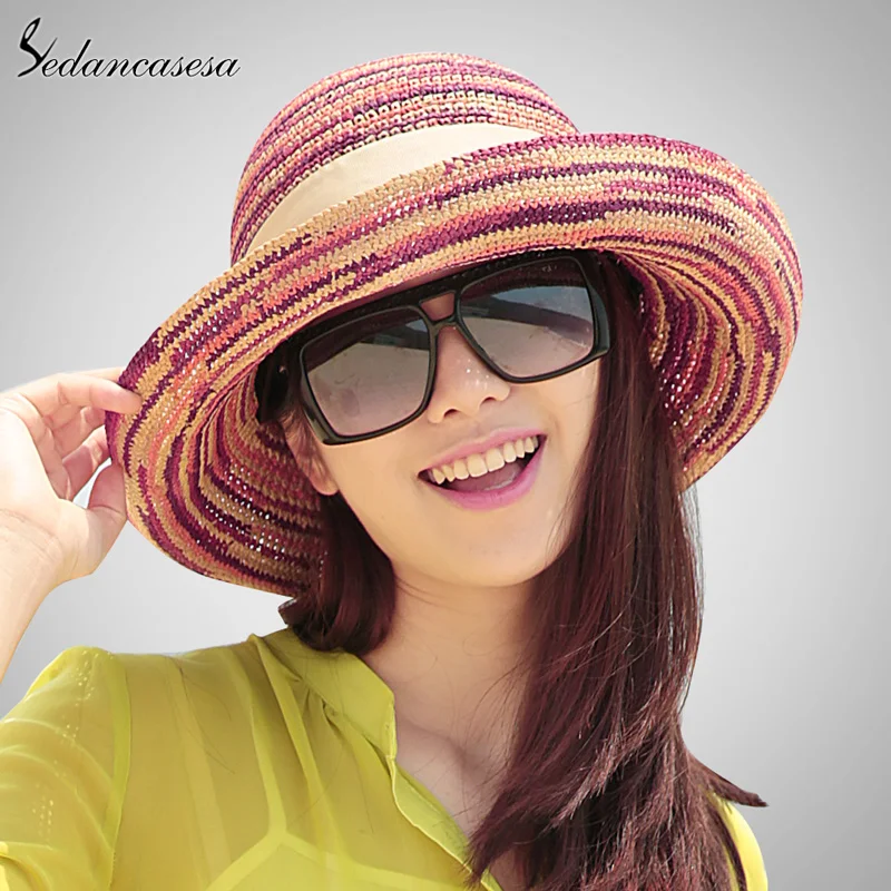 Шляпка от солнца из рафии Женская модная пляжная Панама натуральной с широкими