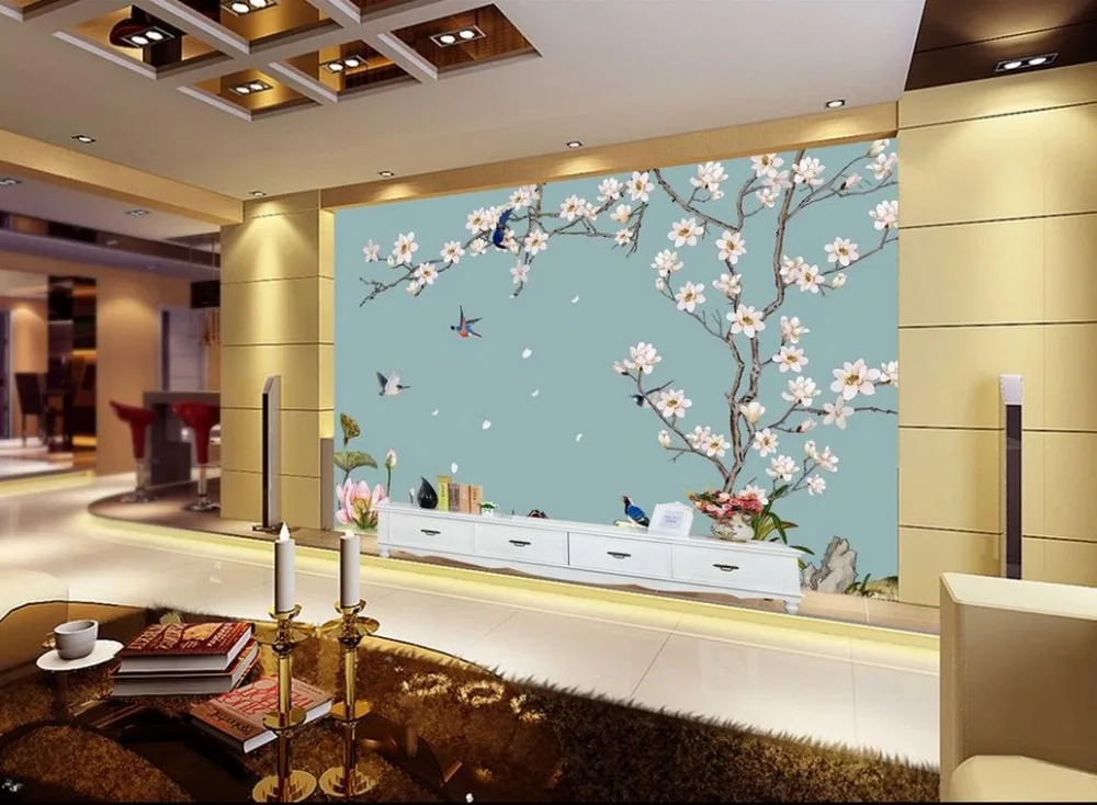 Пользовательские 3d обои с ручной росписью цветы и роспись в виде птиц фон стены