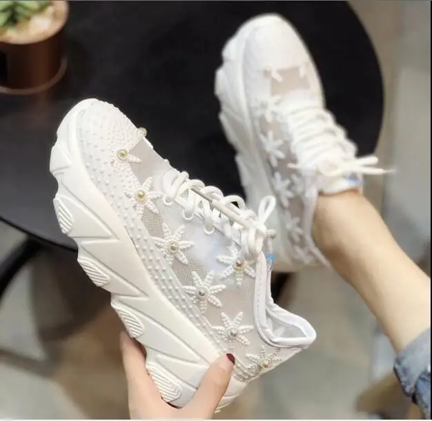 Новые сетчатые кружевные Для женщин на платформе папа кроссовки модные стразы