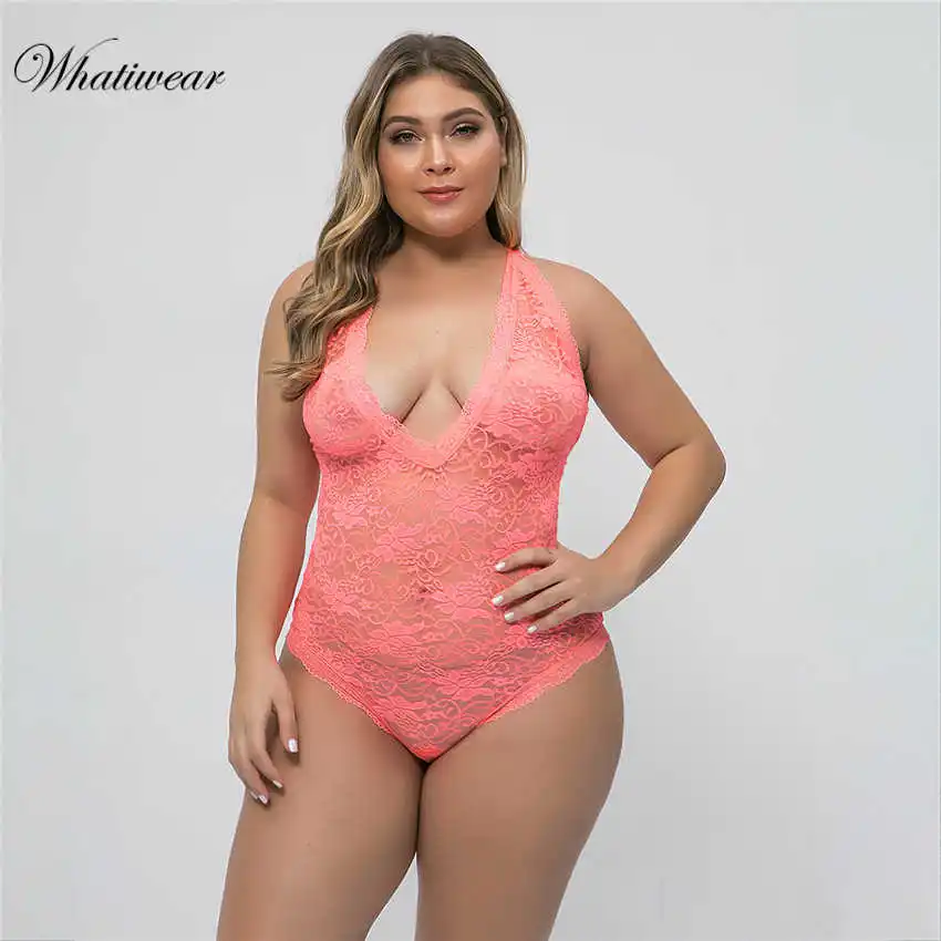 Whatiwear Плюс Размер без спинки, Кружевное боди, прозрачное Женское боди, горячее сексуальное боди, женские комбинезоны с глубоким v-образным вырезом, натуральные боди - Цвет: Fluorescent orange