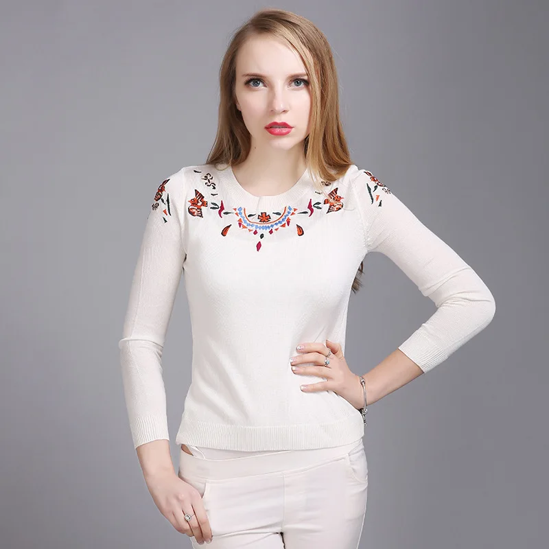 Радость Душу Вышивка Женщины Свитера 2017 Вязание Рубашка Полный Рукав Плюс Размер