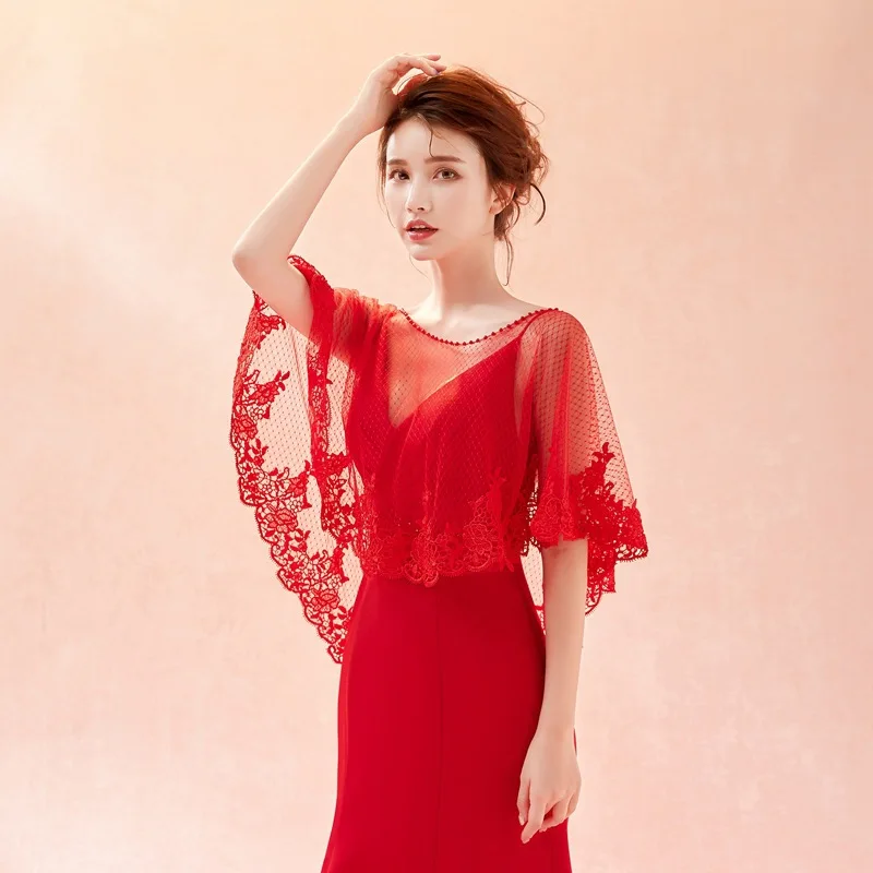 JaneVini Элегантное летнее красное Болеро Свадебная накидка кружевная высокая