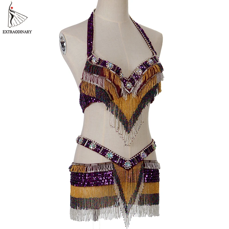 Oriental Women Belly Dance Costumes Set Bra Belt Tassel Beaded Sequined Outfit Clothes Eastern Style Top And Hip Scarf 2pcs |