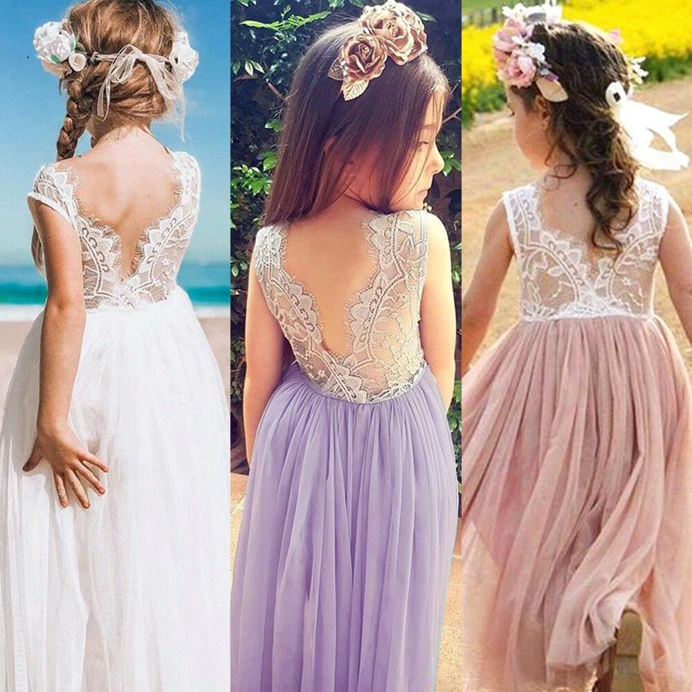 Summer Kids Dresses For Girls Lace Flower Backless V Back Tulle Dress Baby Girl Party Princess Wedding Children | Детская одежда и