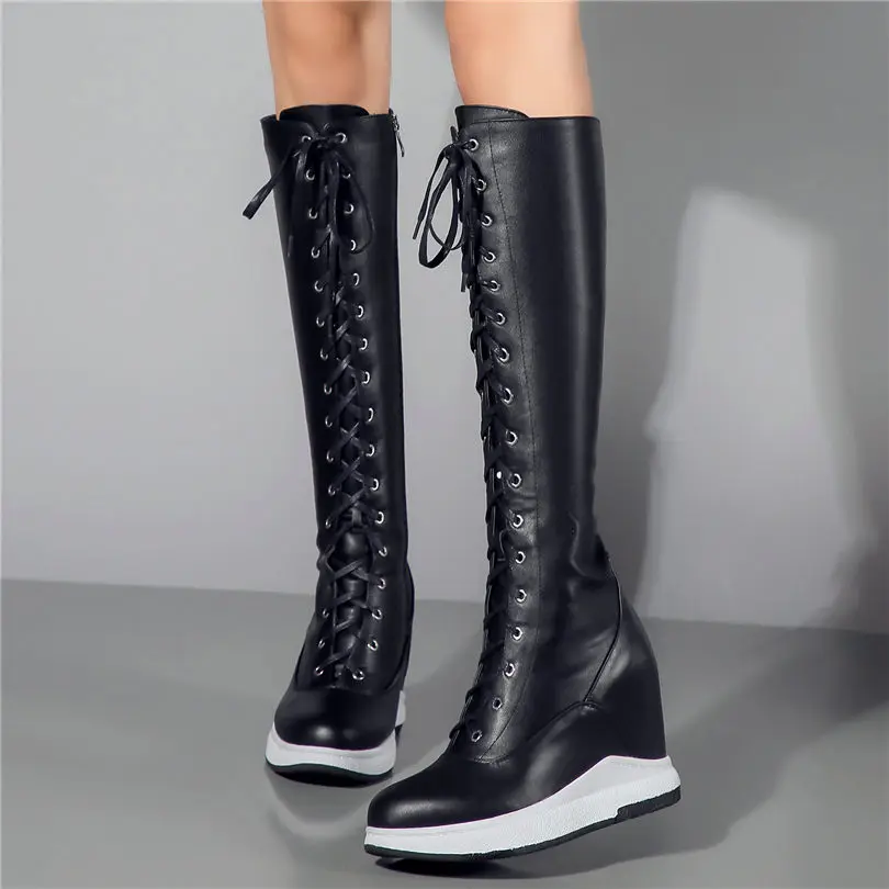 Thigh High Boots Women Genuine Leather Lace Up Knee High Booties Wedges High Heel Tall Shaft Punk Sneakers Winter Punk Creepers