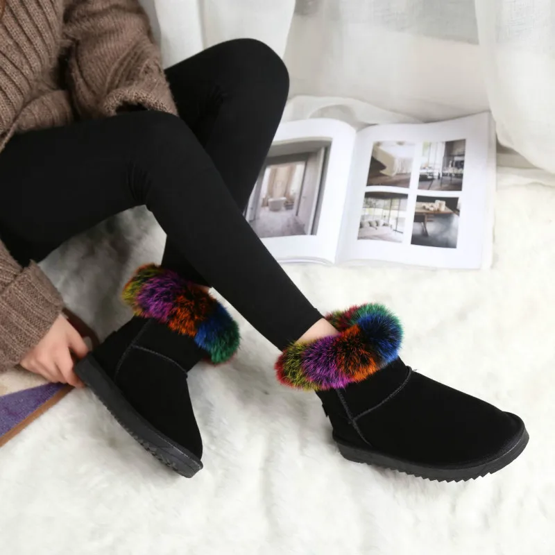 Winter Women Boots Colorful Hair Snow Short Tube Cotton Shoes Woman Fashion Leather Warm Botas Zapatos De Mujer Gray | Обувь
