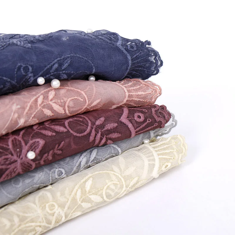 Однотонный цветной кружевной шарф с жемчужинами мусульманская женская длинная