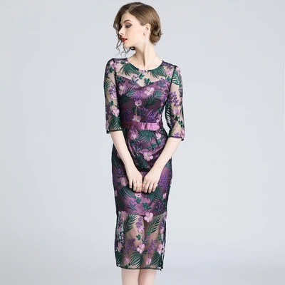 Женское Сетчатое платье с цветочной вышивкой фиолетовые облегающие вечерние