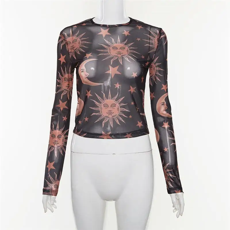 Женские прозрачные сетчатые топы сексуальные с круглым вырезом и принтом весна