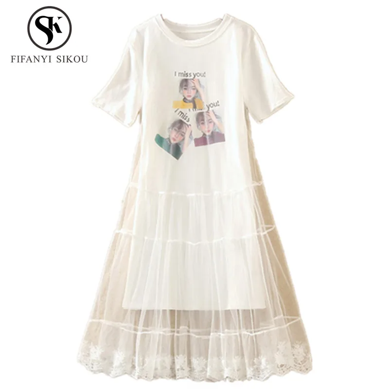 Женское кружевное платье-футболка с коротким рукавом Свободное длинное платье