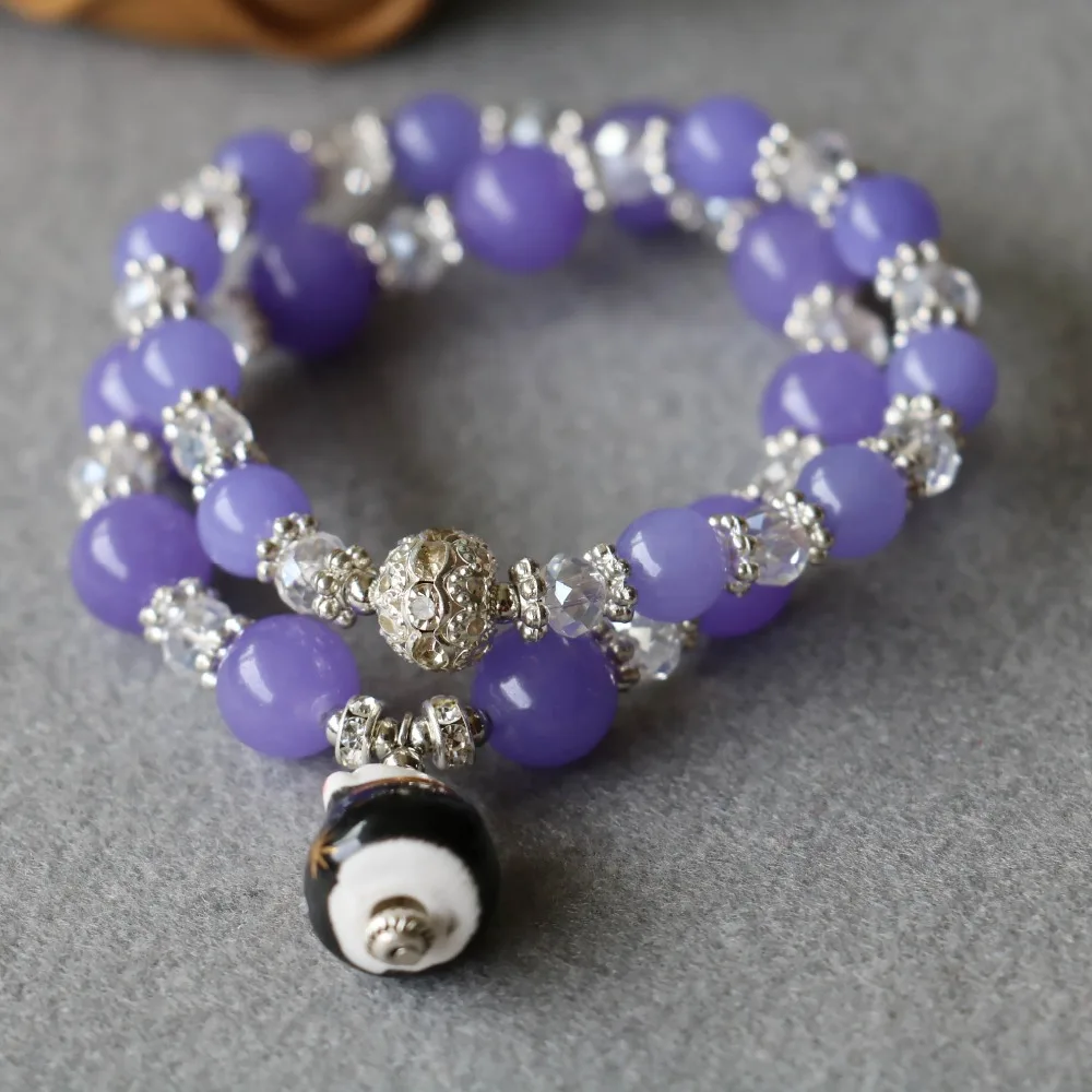 Новый браслет 8 мм с фиолетовыми кристаллами керамический кулон в виде кота