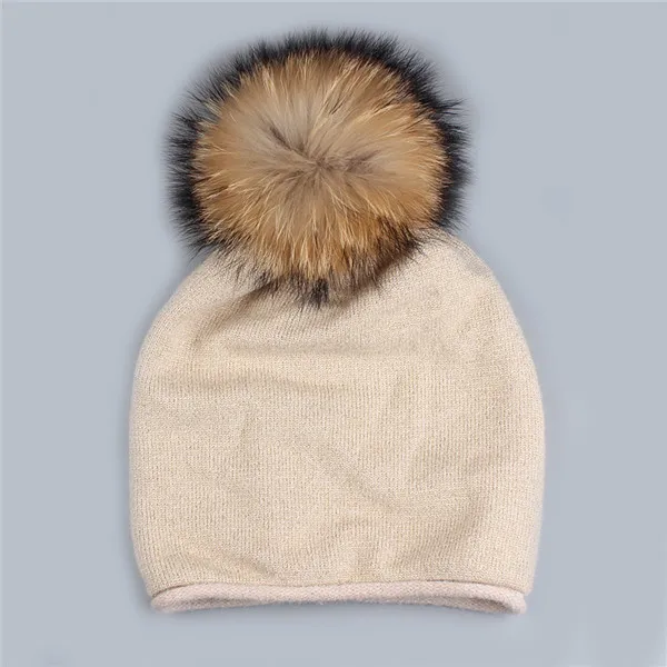 beige Xthree, женская зимняя вязаная шерстяная шапка, шапка бини с натуральным мехом норки, помпоны, шапка Skullie для женщин, шапка для девочек, шапка feminino - Цвет: beige