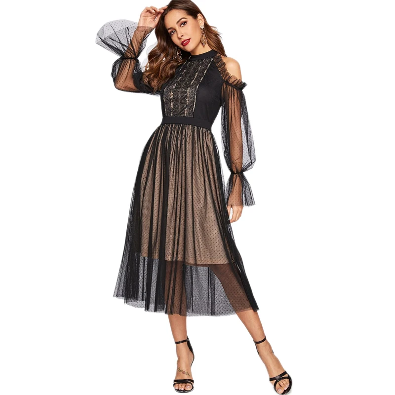 SHEIN Платье С Оборкой И Кружевом Платье С Открытым Плечом Кружевное Платье с Рюшами С Воротником-стойкой С Высокой Талией Элегантные Осенние Платья