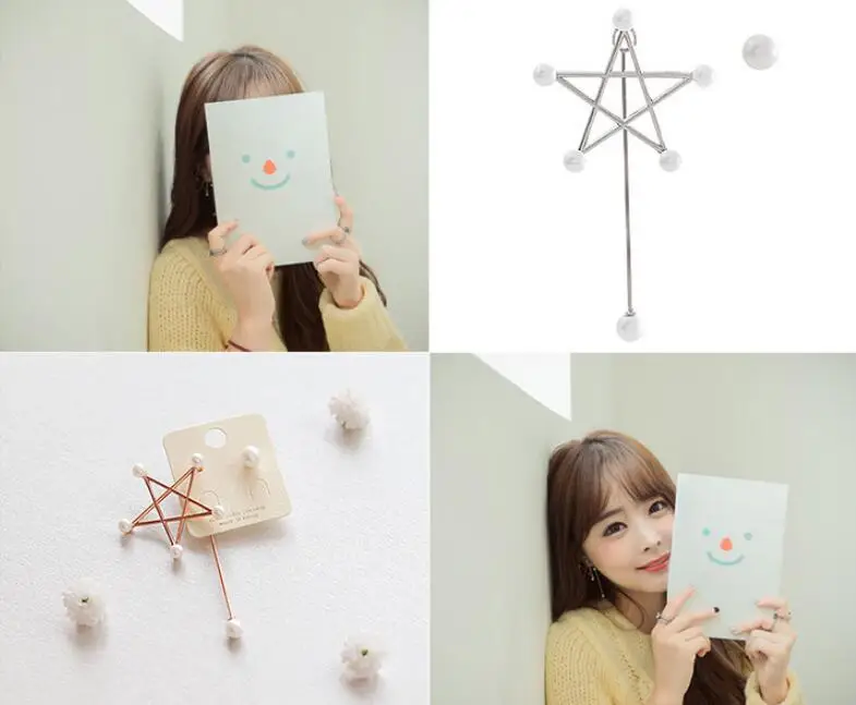 Серьги асимметричные длинные женские с жемчугом и пятиконечными звездами