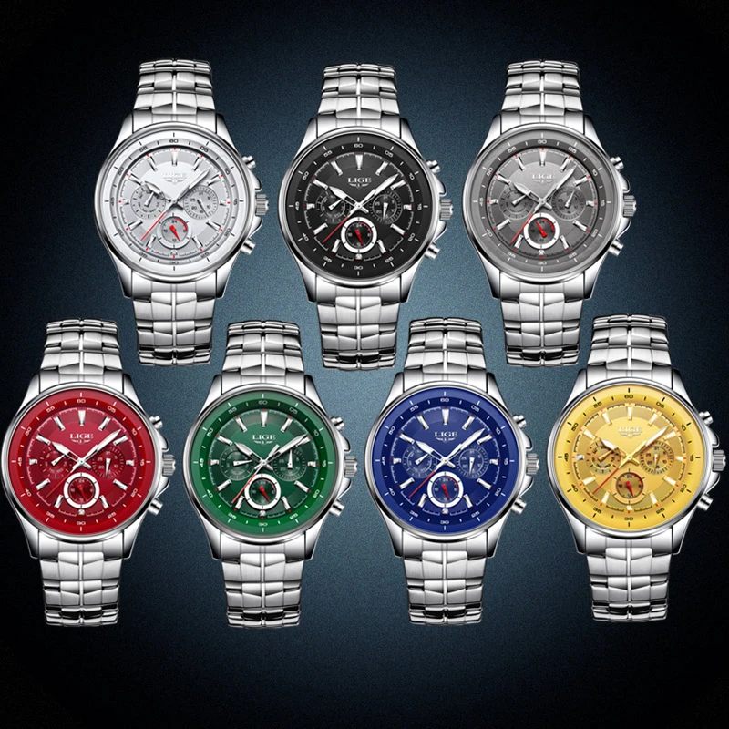 Lige Элитный бренд Мужские часы золотые Для мужчин кварцевые Полный Сталь ремень