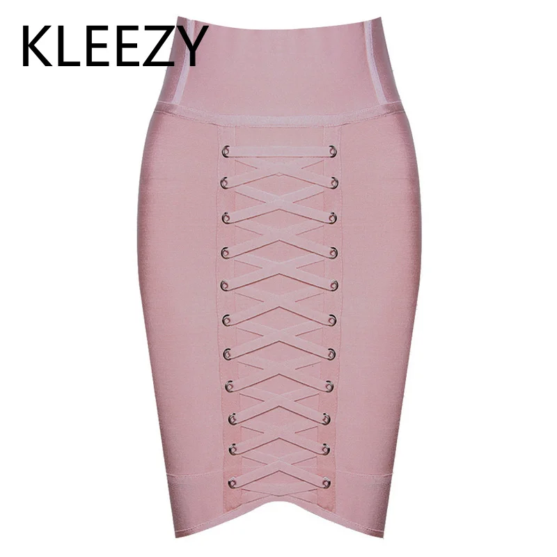 Розовый KLEEZY элегантные женские облегающий однотонный юбки сексуальные осенние зимние повседневные тонкие облегающие мини-юбки со шнуровкой H2385 - Цвет: Розовый