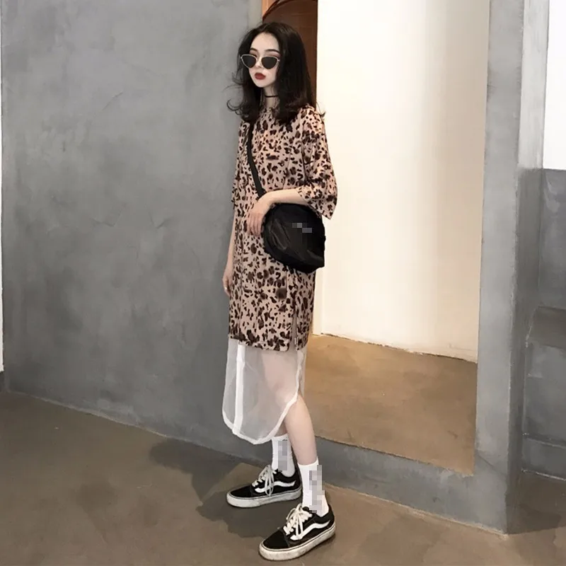 CHICEVER Summer Costumes For Women 2018 Leopard Long T-shirt Sezy Transparent Lace Up Split Skirt Women's Suit Fashion Tide |