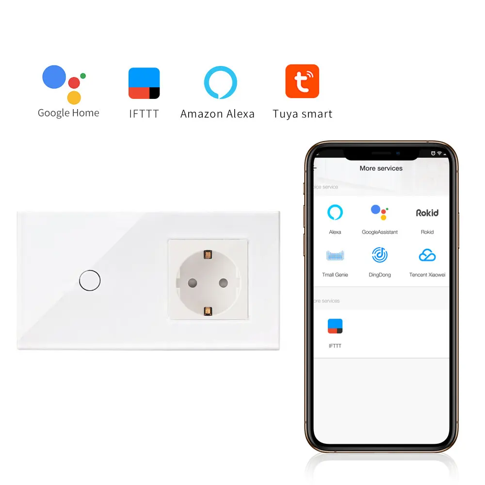 Bingoelec 1 комплект 1 способ wifi сенсорный переключатель с немецкой розеткой стандарт ЕС Хрустальная стеклянная панель умный дом автоматизация настенный переключатель