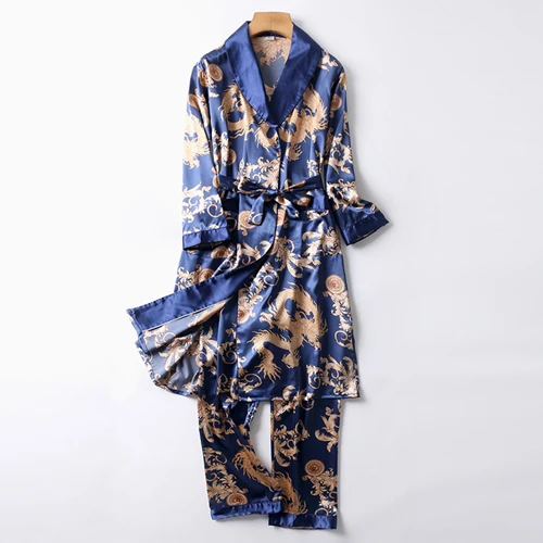 robe pants set 9 Двухкомпонентная шелковая ночная рубашка, атласная Мужская одежда для сна, свободный шелковистый халат с длинным рукавом и длинными штанами, банный халат для мужчин - Цвет: robe pants set 9