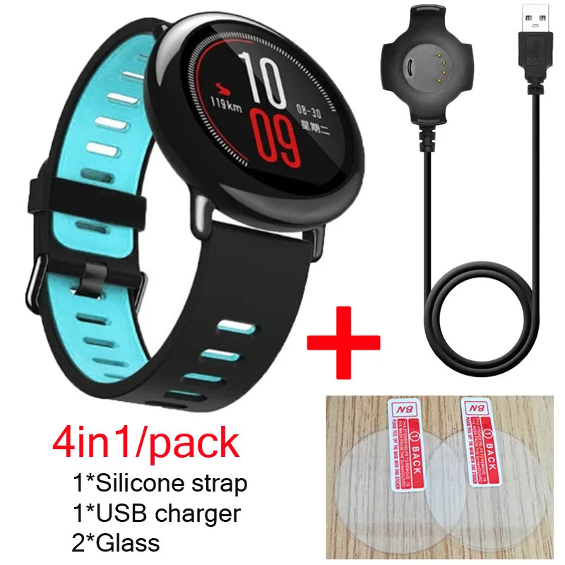 black-blue 4в1 ремешок для оригинальных часов Xiaomi Huami Amazfit pace силиконовый ремешок для умных часов+ USB кабель для зарядки док-станция+ стеклянная защита для экрана - Цвет: black-blue
