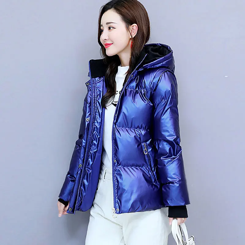 Short blue Стильная женская зимняя куртка металлическое глянцевое зимнее теплое пальто женские утепленные пуховики парка с капюшоном manteau femme hiver 139 - Цвет: Short blue