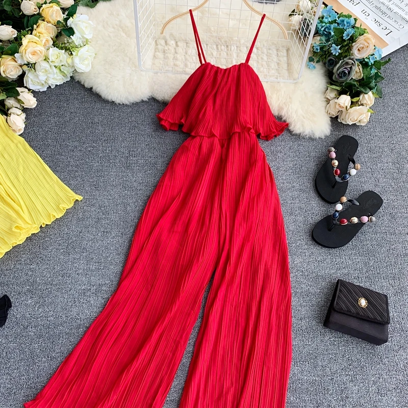 ALPHALMODA Летний Пляжный женский комбинезон на бретельках с открытыми плечами, Одноцветный плиссированный гофрированный женский сексуальный комбинезон для праздников