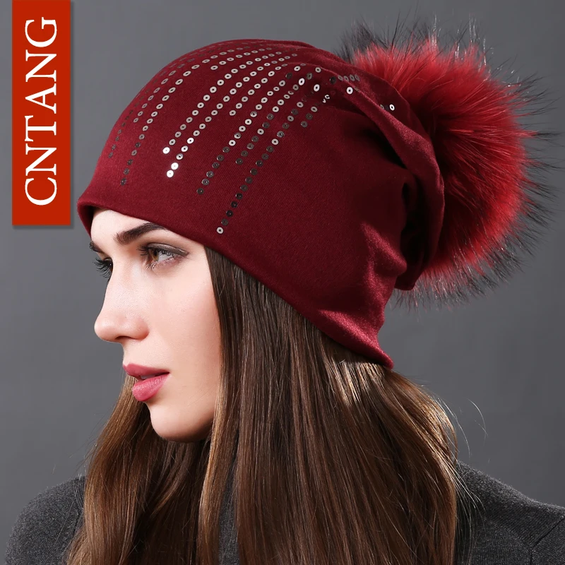 Шапка CNTANG женская с круглыми блестками Модная хлопковая бини помпоном из