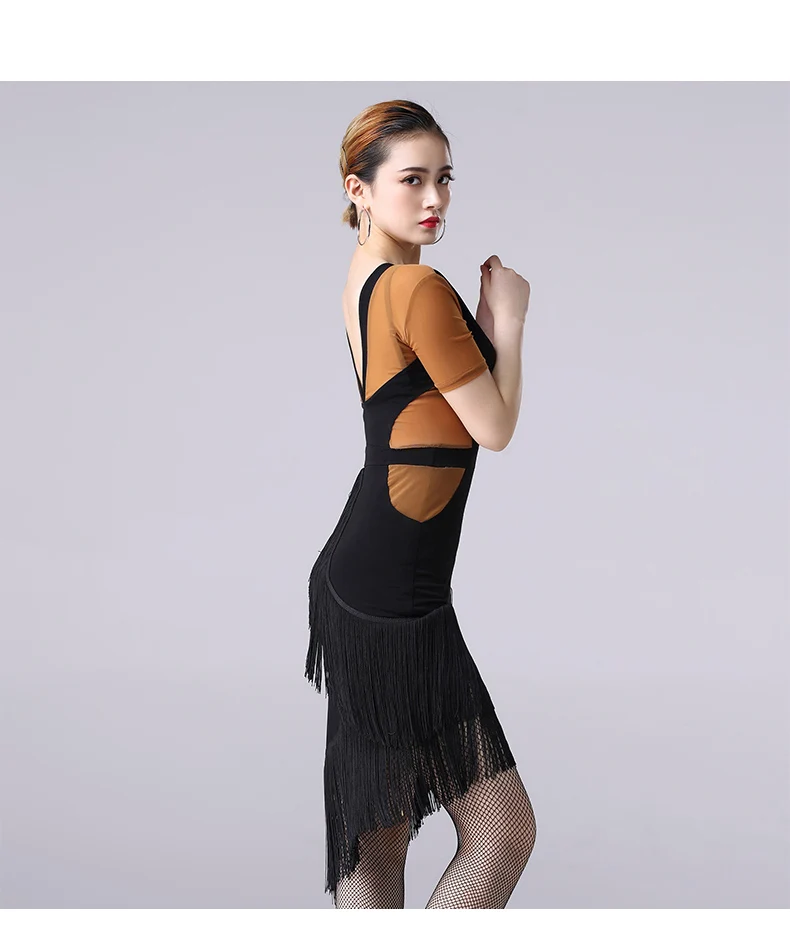 Latin Dance Dress Adult Female Sexy V-Neck Fringed Short Sleeve Dresses For Women'S Ballroom Samba Practice Dance Clothes DL3988