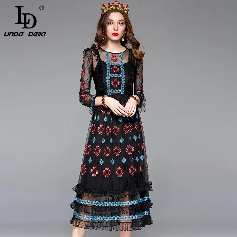Многоцветный LD LINDA Делла, модное дизайнерское весеннее платье, женское платье с длинным рукавом и оборками, сексуальное черное кружевное Сетчатое платье с вышивкой, винтажное платье - Цвет: Многоцветный