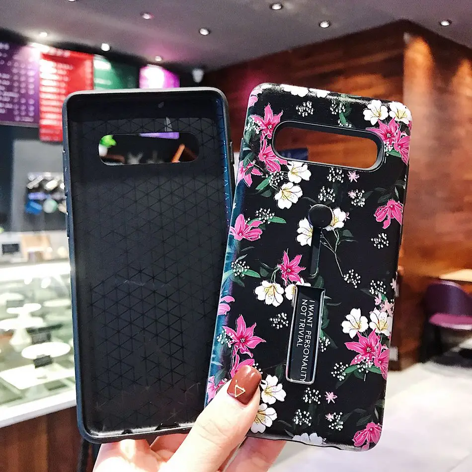 For Galaxy S10 Plus S10E Case Fashion Vintage Flower Silicon Stretch Ring Samsung With Hide Stand Holder Phone | Мобильные телефоны