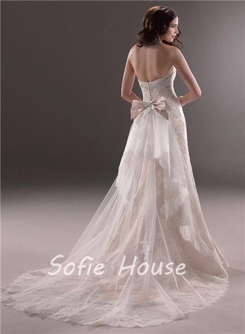 Elegant long mermaid sweetheart removable bow train crystal beaded white lace pink satin wedding dresses 2014 | Свадьбы и торжества